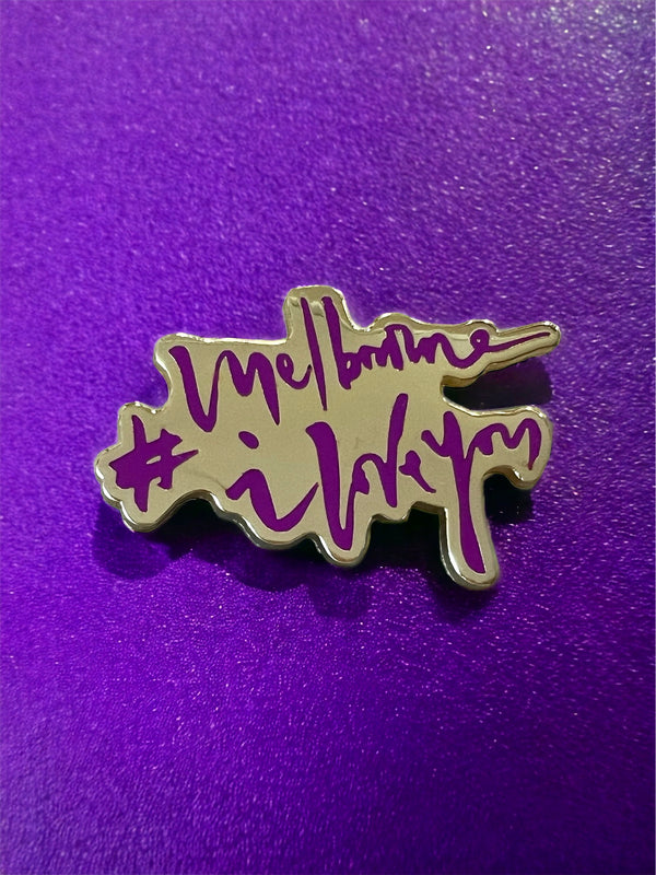GOLD AND PURPLE "MELBOURNE I LOVE YOU" PIN